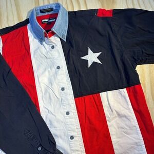 Urgent Gear Men's USA Flag Button Up Shirt Patriotic Star Stripe Denim Size L